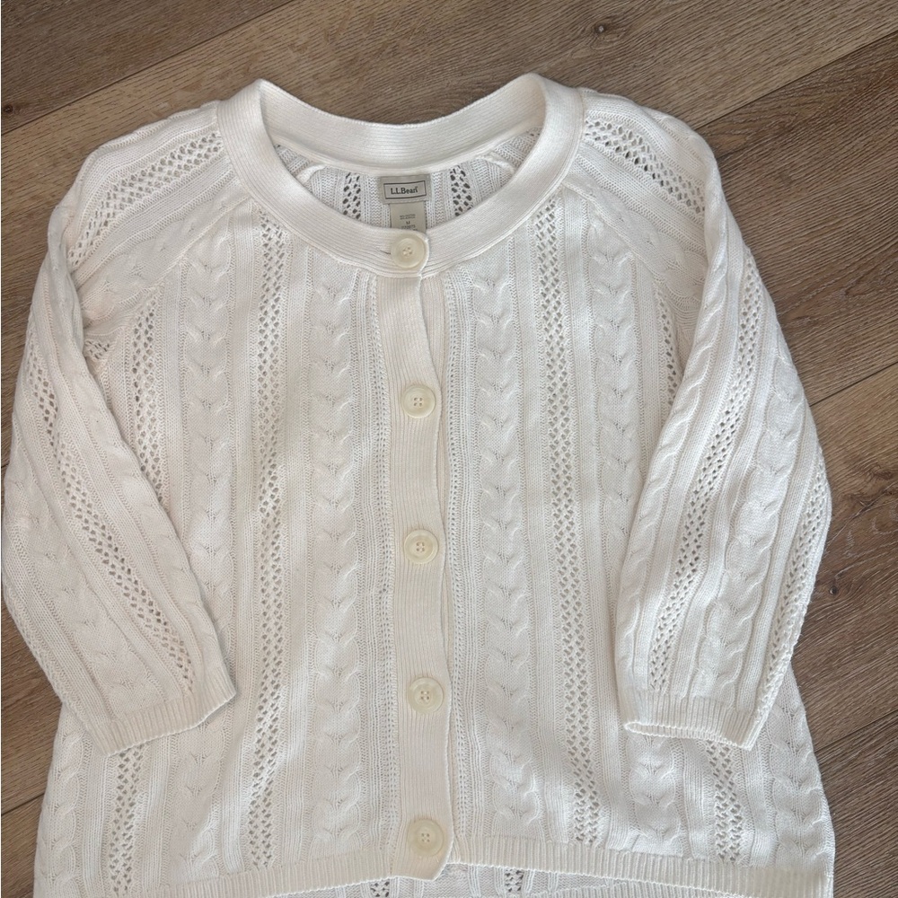 L.L. Bean White Cable Knit Button-Front Women’s Sweater Medium